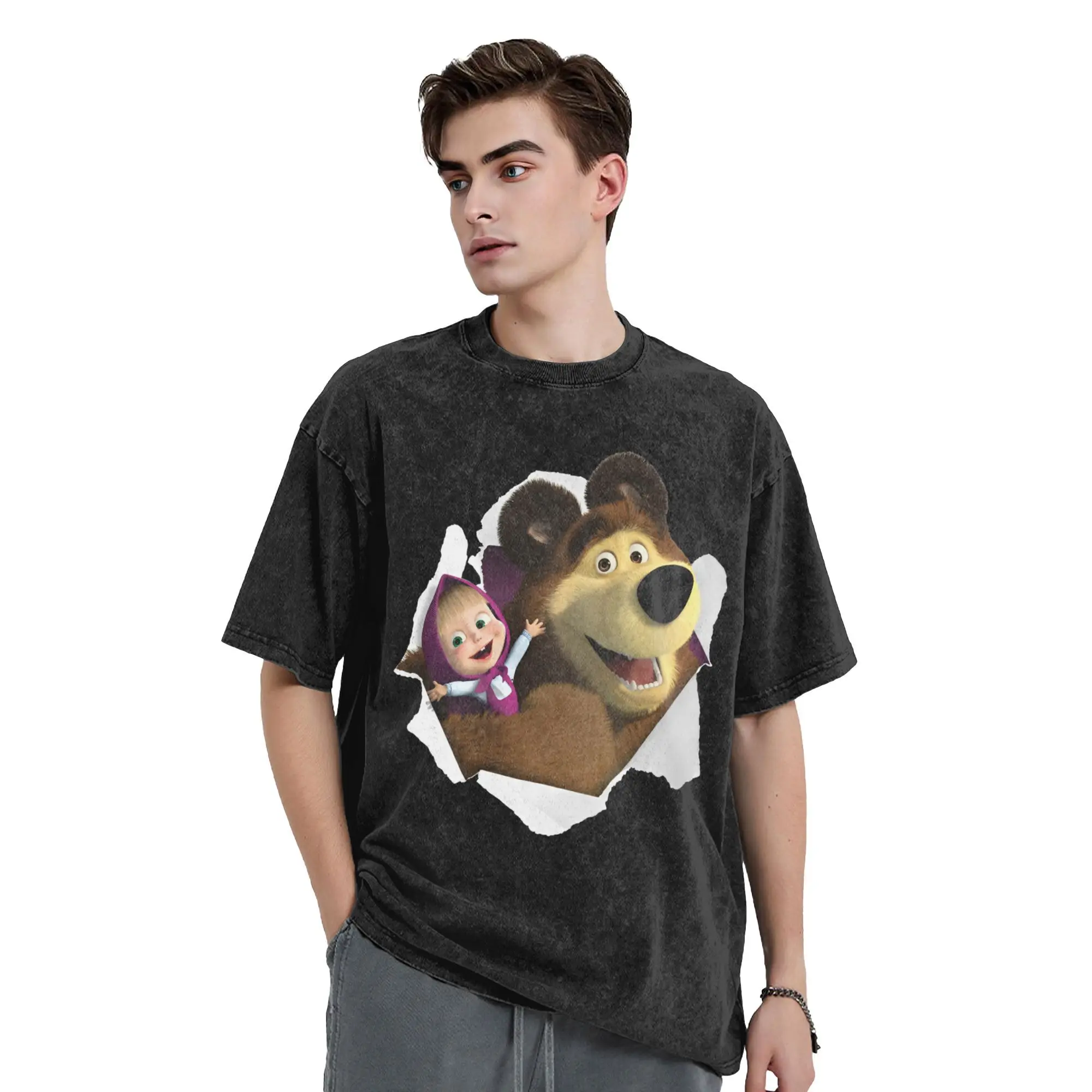 تي شيرت رجالي كارتون M-ماشا والدب مغسول تي شيرت الهيب هوب شاطئ تي شيرت Y2K مضحك فضفاض بلايز عادية فكرة هدية