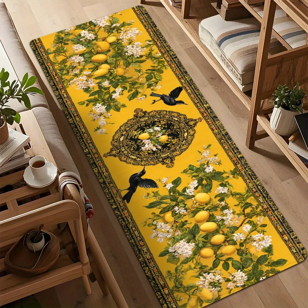 Vintage Yellow Lemon Floral Bird Kitchen Runner Rug, Retro Fruit Flower Pattern Non-Slip Absorbent Floor Mat Entryway Bathroom