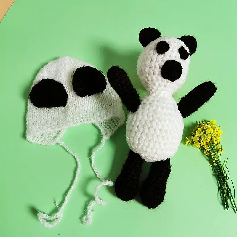 Newborn Photography Hand Knitted Baby Photograph Dress and Personal Adornment Cartoon Mohair Panda Doll Knitting Hat Cute Suit