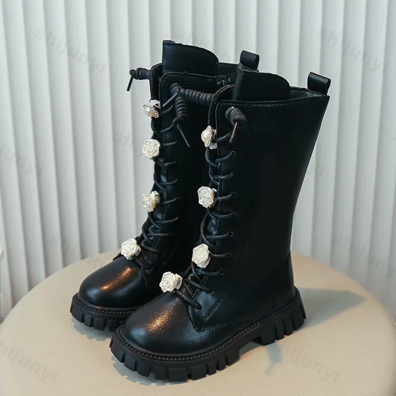 Autumn Winter Girls Leather Boots 2025 Soft Soled Kids Fashion Princess Boots Non-slip Outdoor Flower Comfort Children Boots