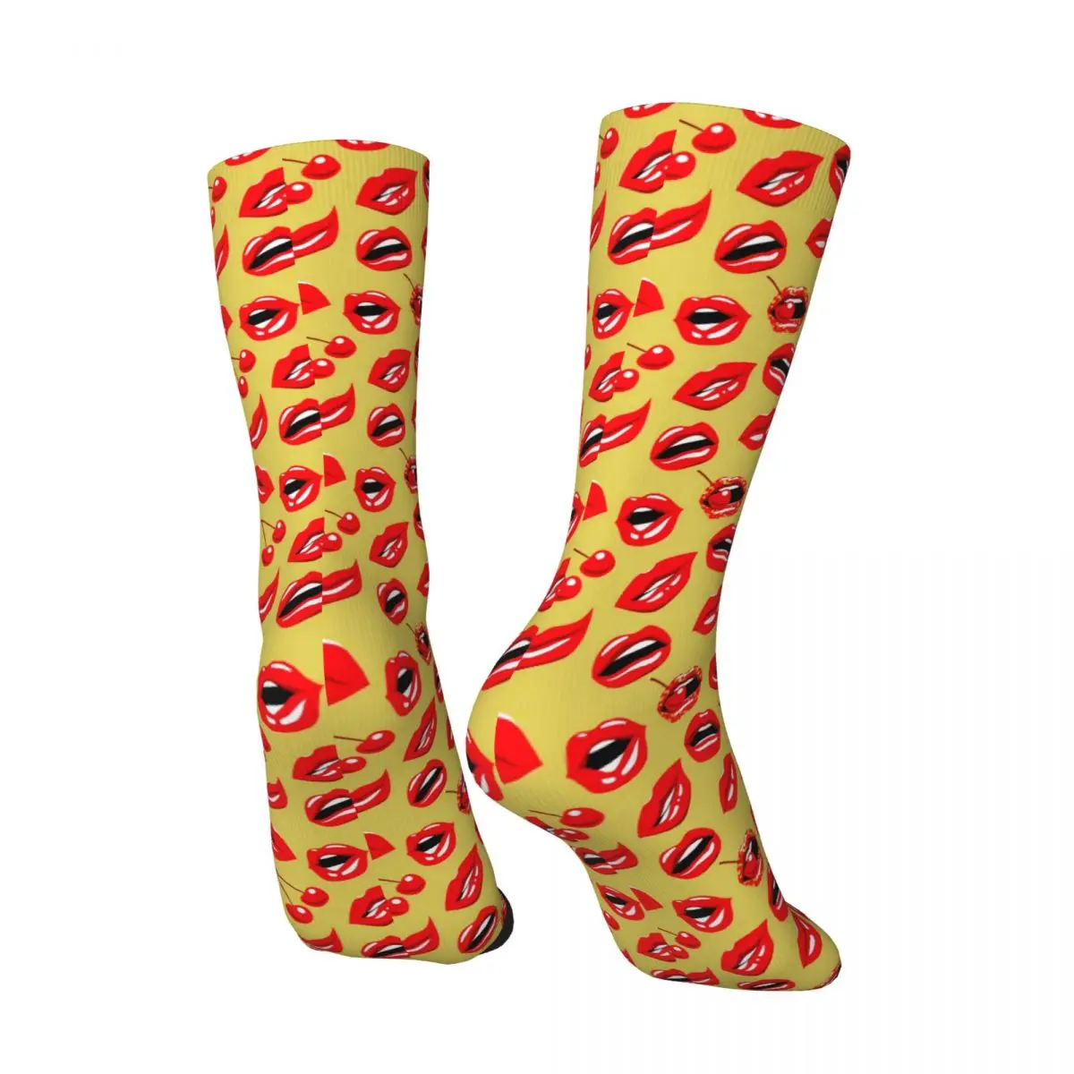 Red Lips With Red Cherry Socks Pop Art Casual Stockings Men Soft Running Sports Socks Autumn Printed Anti-Slip Socks