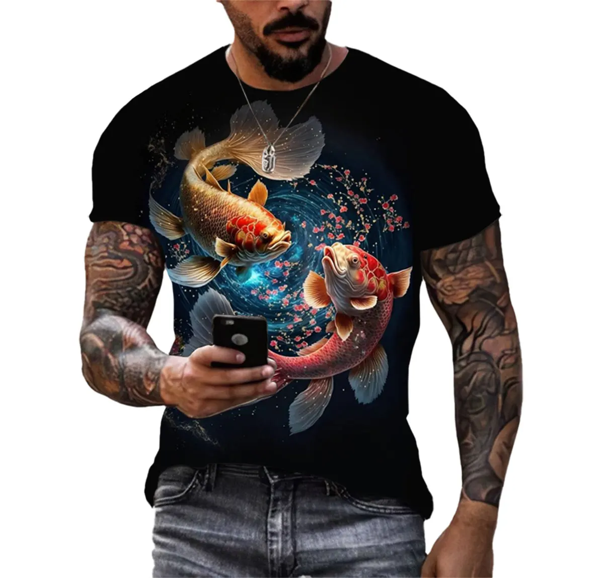 Men's Latest Style Harajuku Koi 3D Printed Cool T-shirt Hip Hop Short Sleeve Summer Top Animal Fashion Hot Selling O-neck Shirt