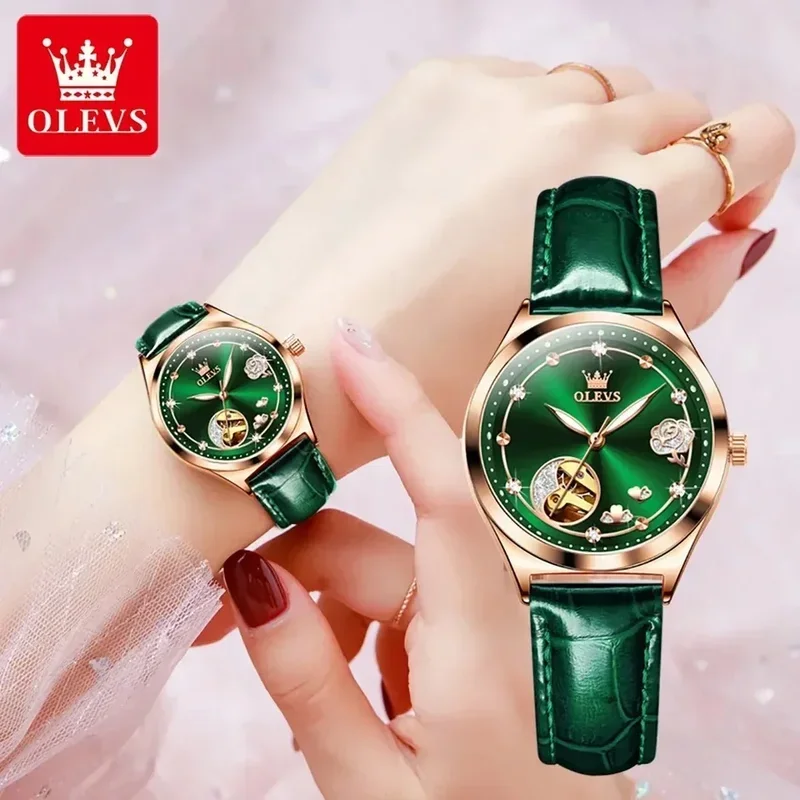 Olevs 6601 automatic mechanical watch women Dial Leather strap waterproof luminous women's wristwatches set Rel