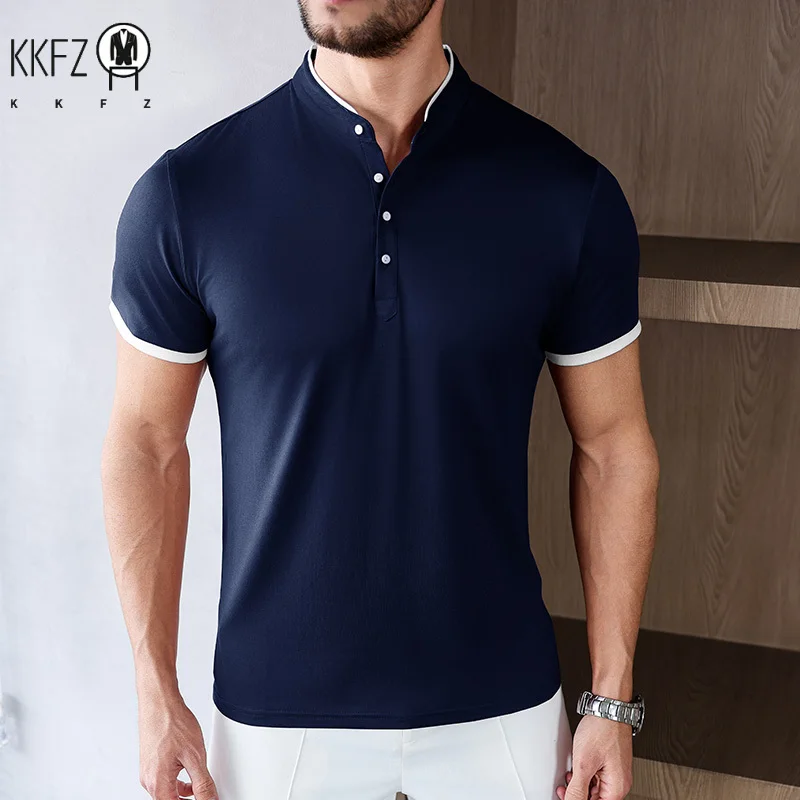 2025 New Men's Casual and Fashionable Solid Color Short Sleeved Stand Up Collar T-shirt Summer Versatile and Comfortable Top