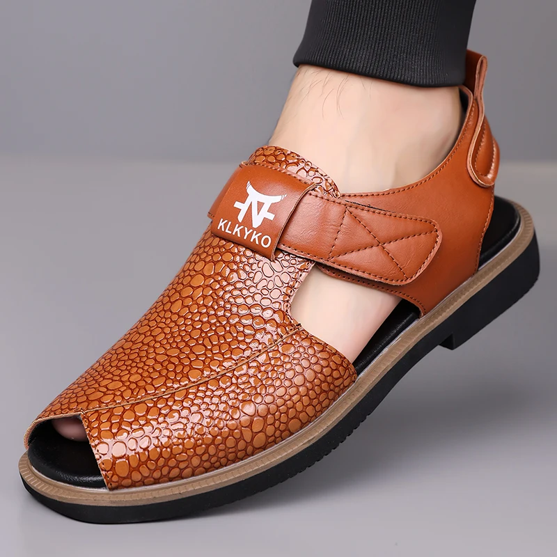

Men Sandals PU Embossed Pattern Exposed Toes Comfortable Breathable Half Toe Cover Casual Men Sandals Sizes 39-48