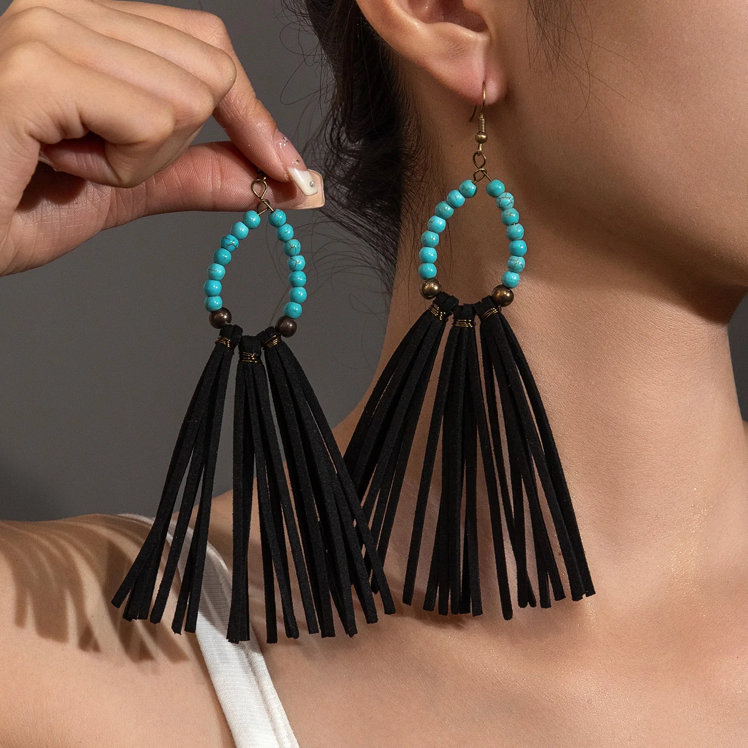 Fashionable retro turquoise beaded circular earrings woven velvet fabric tassels versatile women's pendant earrings