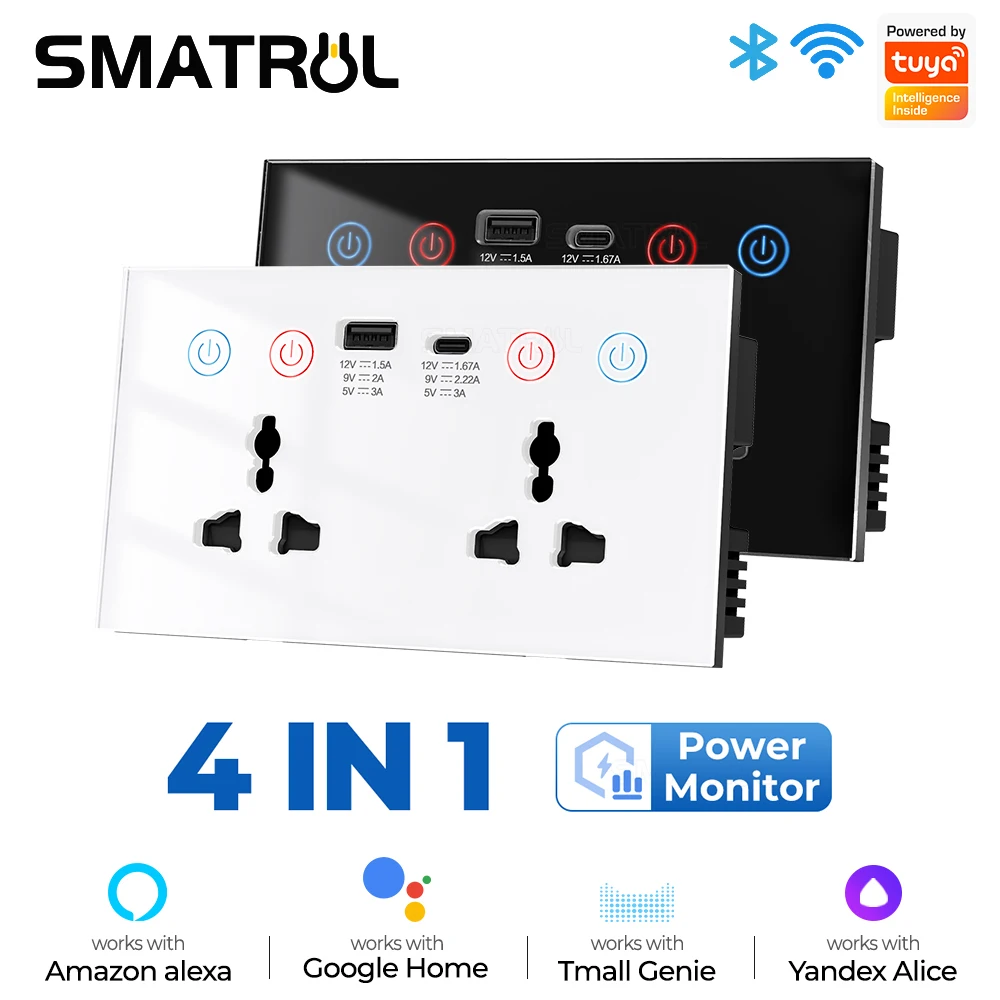 SMATRUL-Wi-Fi壁コンセント,USBおよびType-Cポート,3A,US, EU, UK,電源モニター,10A