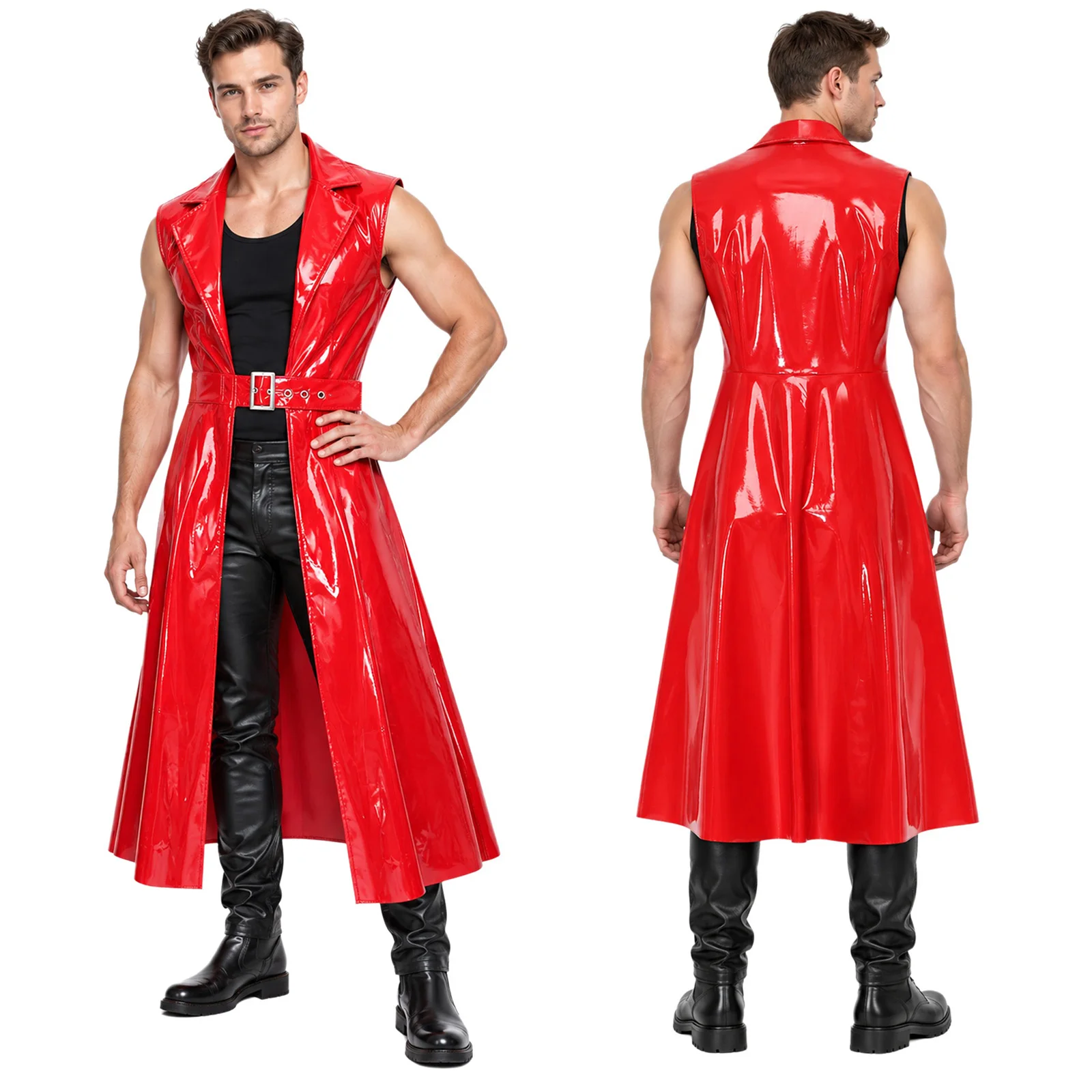Women Men Glossy PU Punk Jacket Trench Clubwear Sleeveless Lapel Open Front Adjustable Buckle Coat Outerwear for Halloween Party