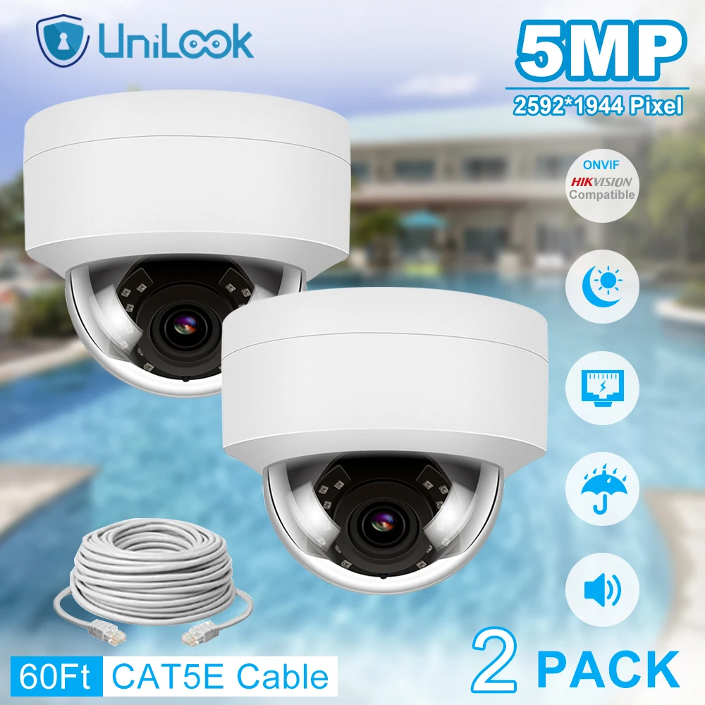 UniLook 5MP HD POE IP Camera Video Camera Outdoor POE Dome 2 PCS In Package  Built-in Mic IP66 IR 30m H.265