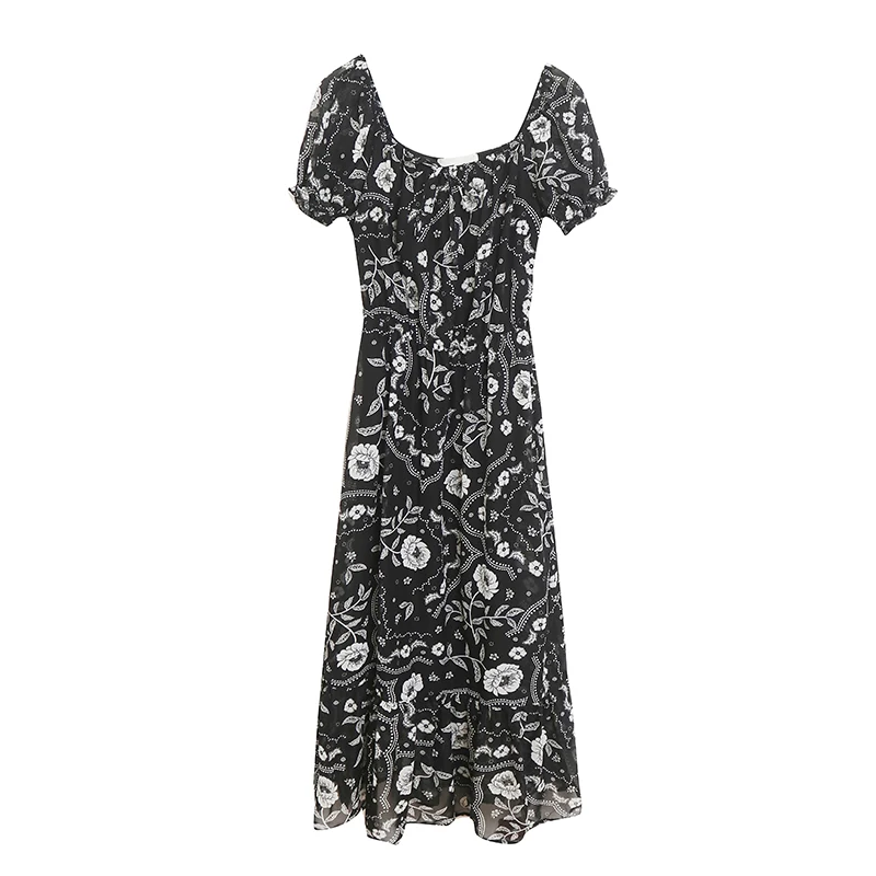 Three-Color Elegant Sweet Lady Style Chiffon Long Dress with Inner  High Waist Slimming Dress Floral Pattern Short Sleeve