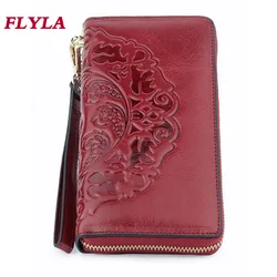 100% Genuine Leather Wallet Women 2023 New Large Capacity  Luxurious Oil Waxing Leather Flower Large Capacity Long Ladies Purses