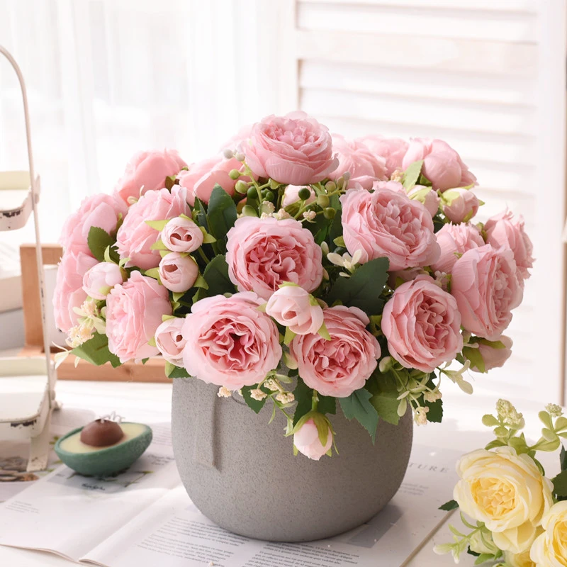 30cm Rose Pink Silk Bouquet Peony Artificial Flower 5 Big Head 4 Small Bud Bride Wedding Home Decoration Artificial Flower