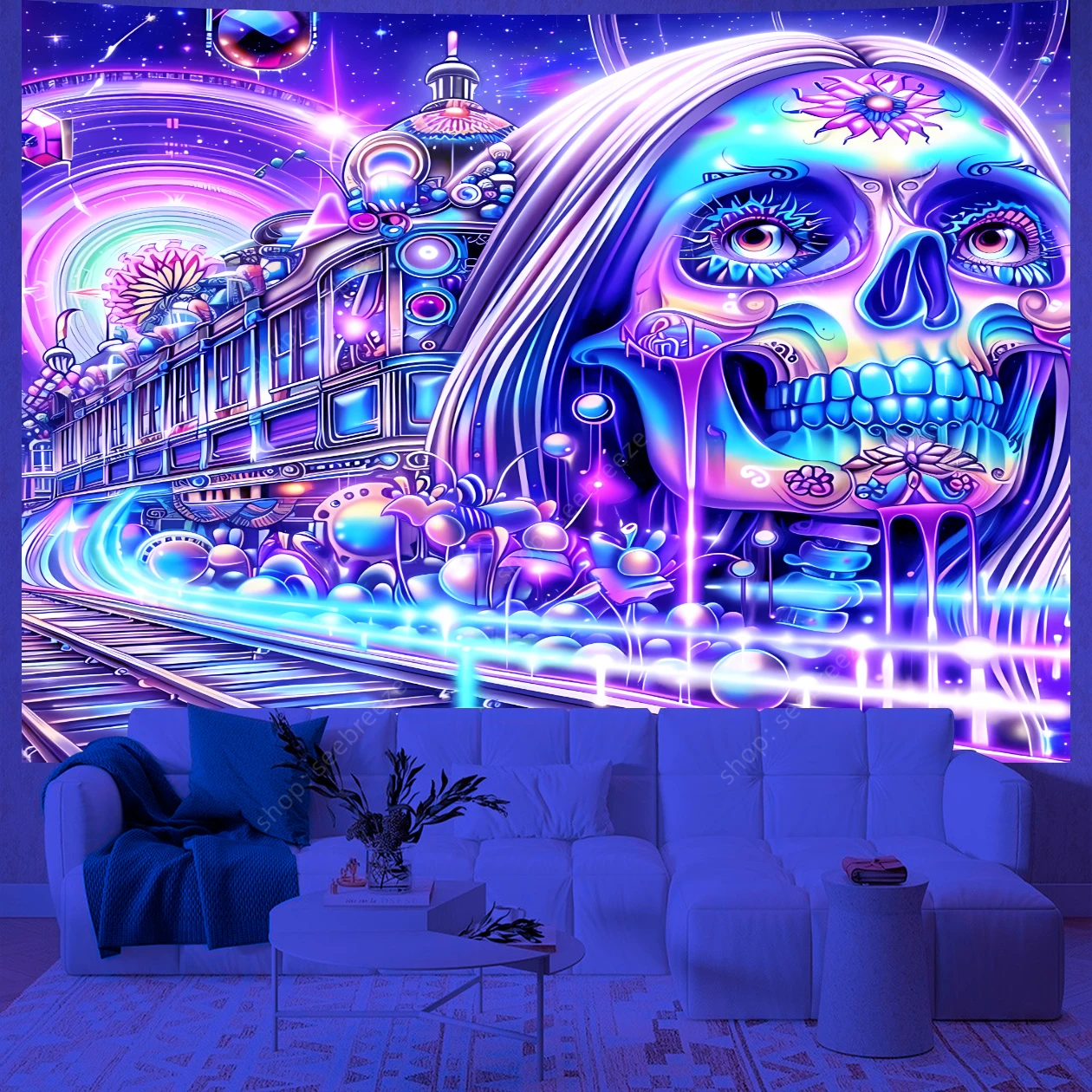 Totenkopf-Zug, UV-reaktiv, Wandteppich, Neon-Hintergrund, Hexerei, Hippie-Wandbehang, böhmische Mandala-Kunst, ästhetische Raumwanddekoration