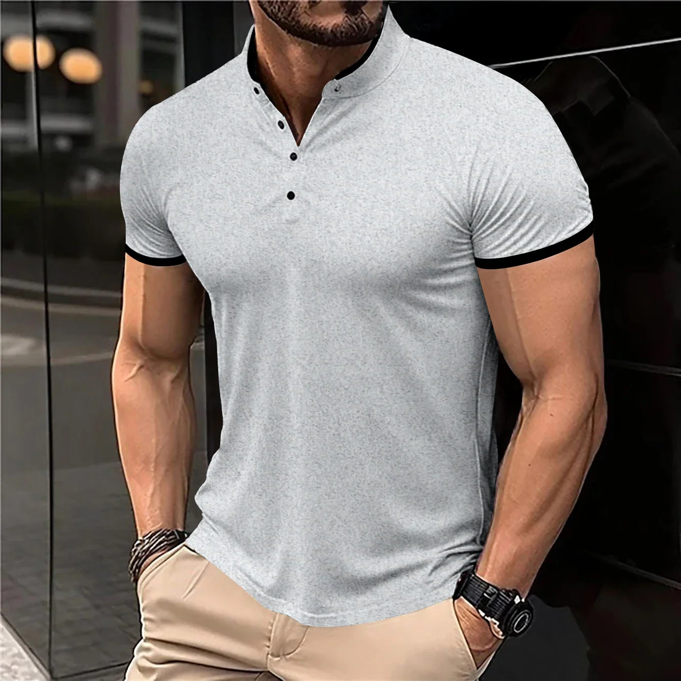 2025 New Men's Casual and Fashionable Solid Color Short Sleeved Stand Up Collar T-shirt Summer Versatile and Comfortable Top