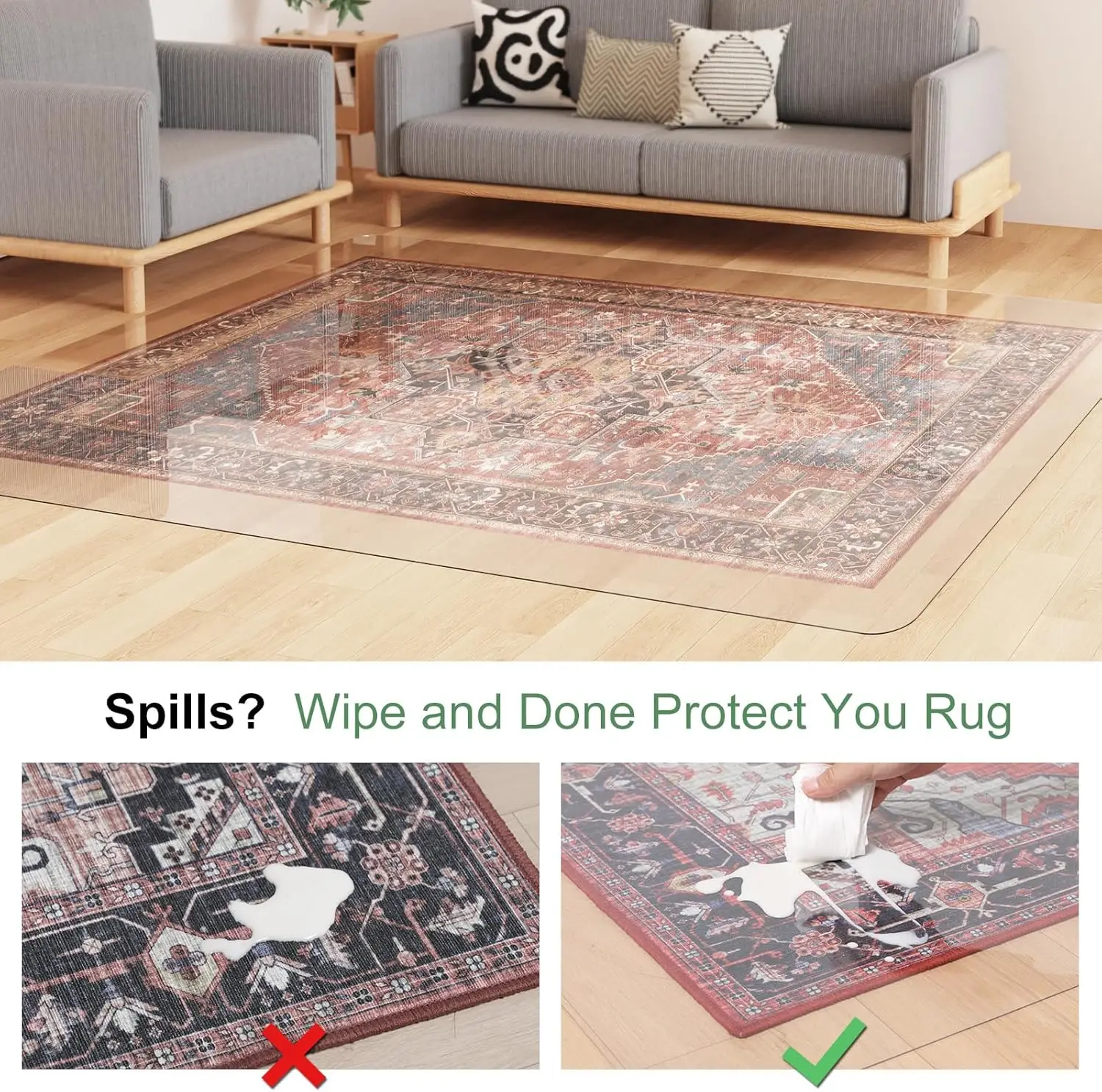 Crystal Clear Floor Mat 8×12ft, Upgraded Easy Flat Waterproof Vinyl Rug Cover, Large Stain-Resistant Plastic Area Rug Floor