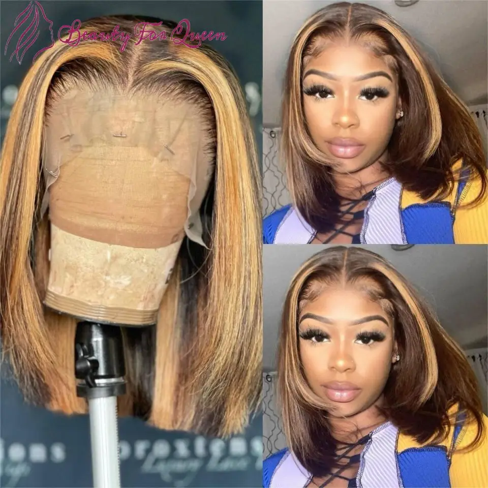 Wig Bob pendek lurus rambut manusia Pirang madu Highlight untuk wanita Wig tanpa lem renda depan ketebalan 150% rambut manusia