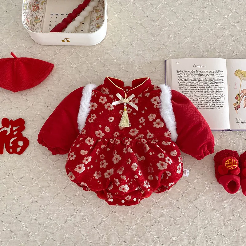 Abrigo de invierno de felpa con glúteos gruesos para bebé, vestido rojo de Año Nuevo, cárdigan cheongsam para bebé, mono de felpa para Año Nuevo