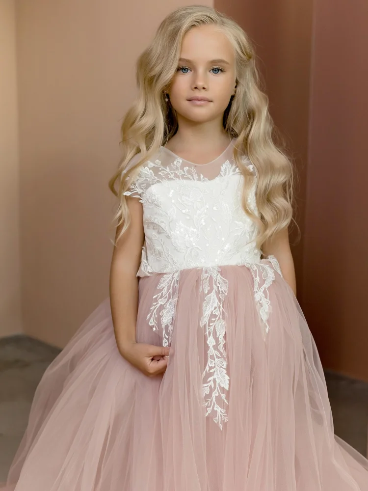 Pink Flower Girl Dresses Tulle White Flory Pattern Sleeveless For Wedding Birthday Party Holy Communion Gowns