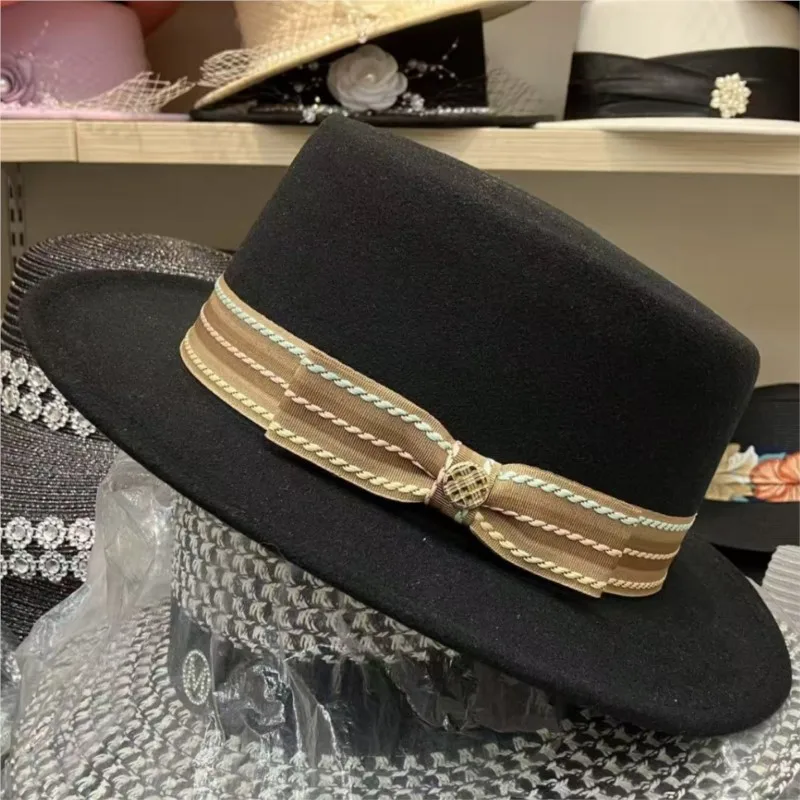 New flat-topped top hat women's chain silk decorated felt flat-brimmed