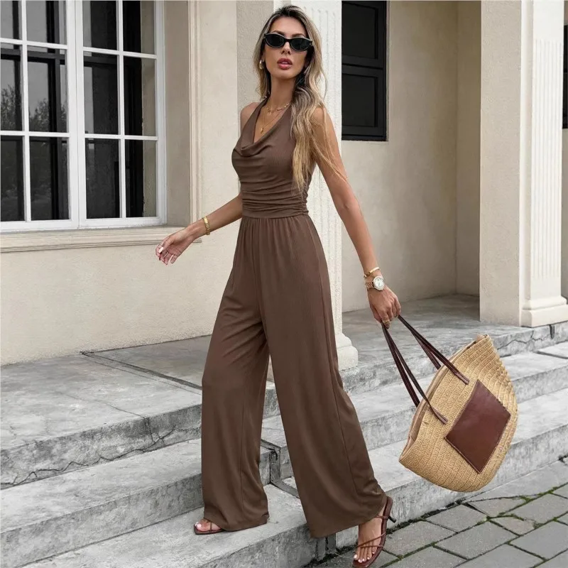

Woman's Fashion Foreign Style Jumpsuit Summer Sexy Hanging Neck Sleeveless Jumpsuits Lady Fashion Soup Collar Design Streetwear