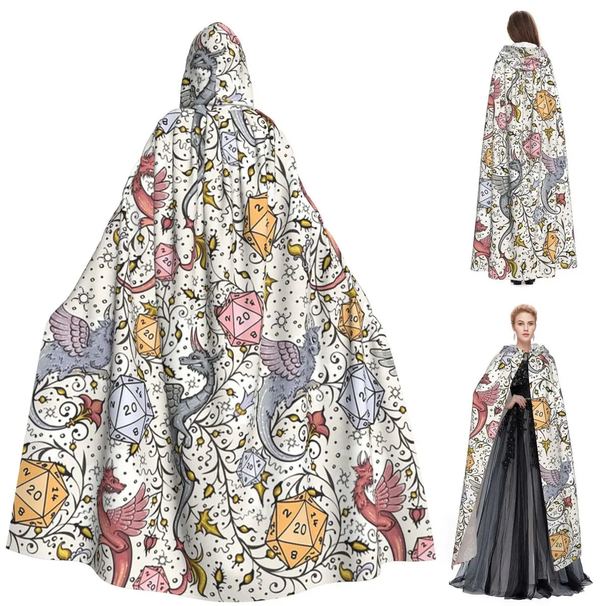 

Medieval Dragon And D20 Dice Dnd Pattern Long Hooded Cloak Witch Medieval Costume Cosplay Cape HalloweenVampire Adult Unisex