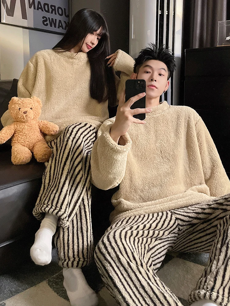 

DAIMELU sleepwear set couple pajamas women's autumn and winter coral fleece flannel thickened warm men's loungewear suit male