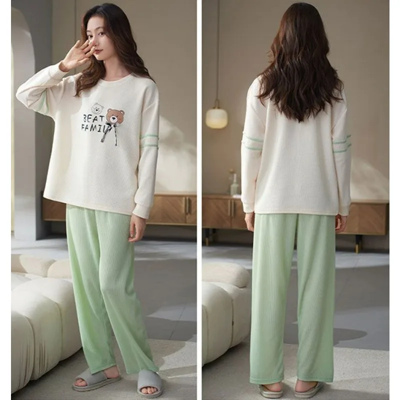 2024 New Sleepwear Spring Autumn Long Sleeve Cute Sweet Student Pajamas Set Women Round Collar Large Size Cotton Homewear Suit