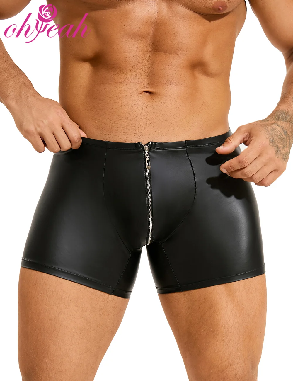 Black PU Leather Boxer Briefs for Men Sexy Zipper Front U-Shaped Pouch Comfort Square Cut Underwear Plus Size