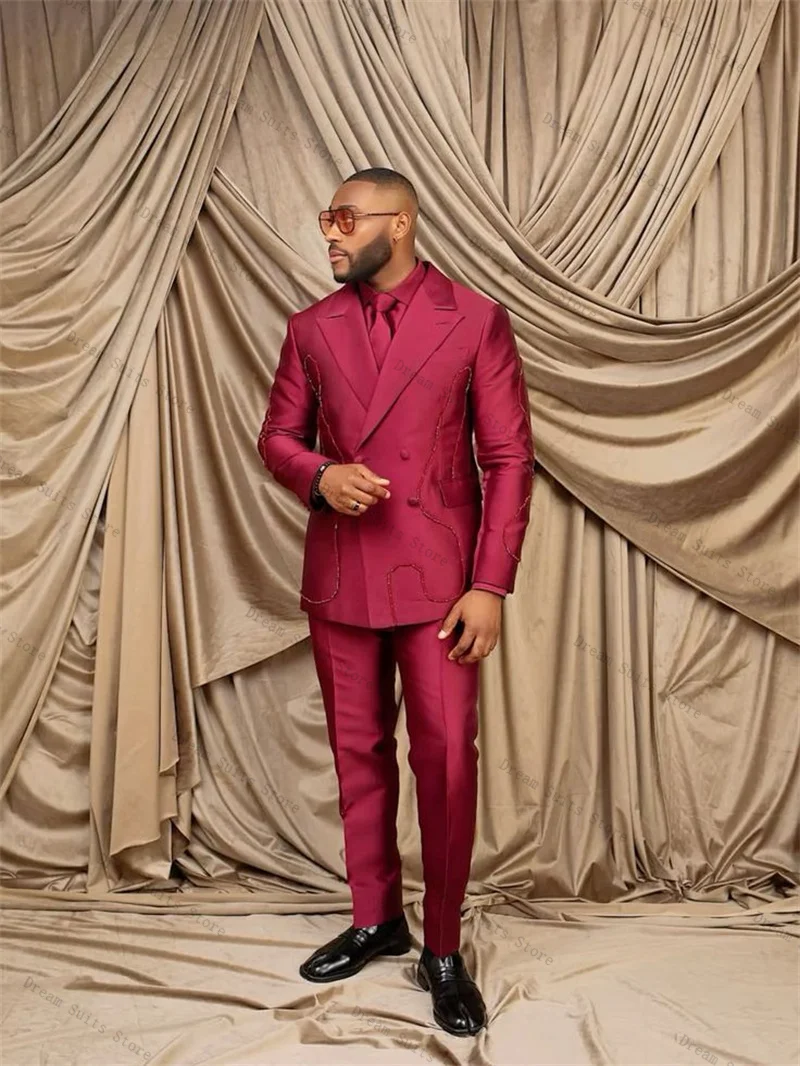 

Luxury Beaded Men Suit Set 2 Piece Blazer+Pants Trousers Luxury Customized Formal Office Business Jacket Wedding Tuxedos Coat