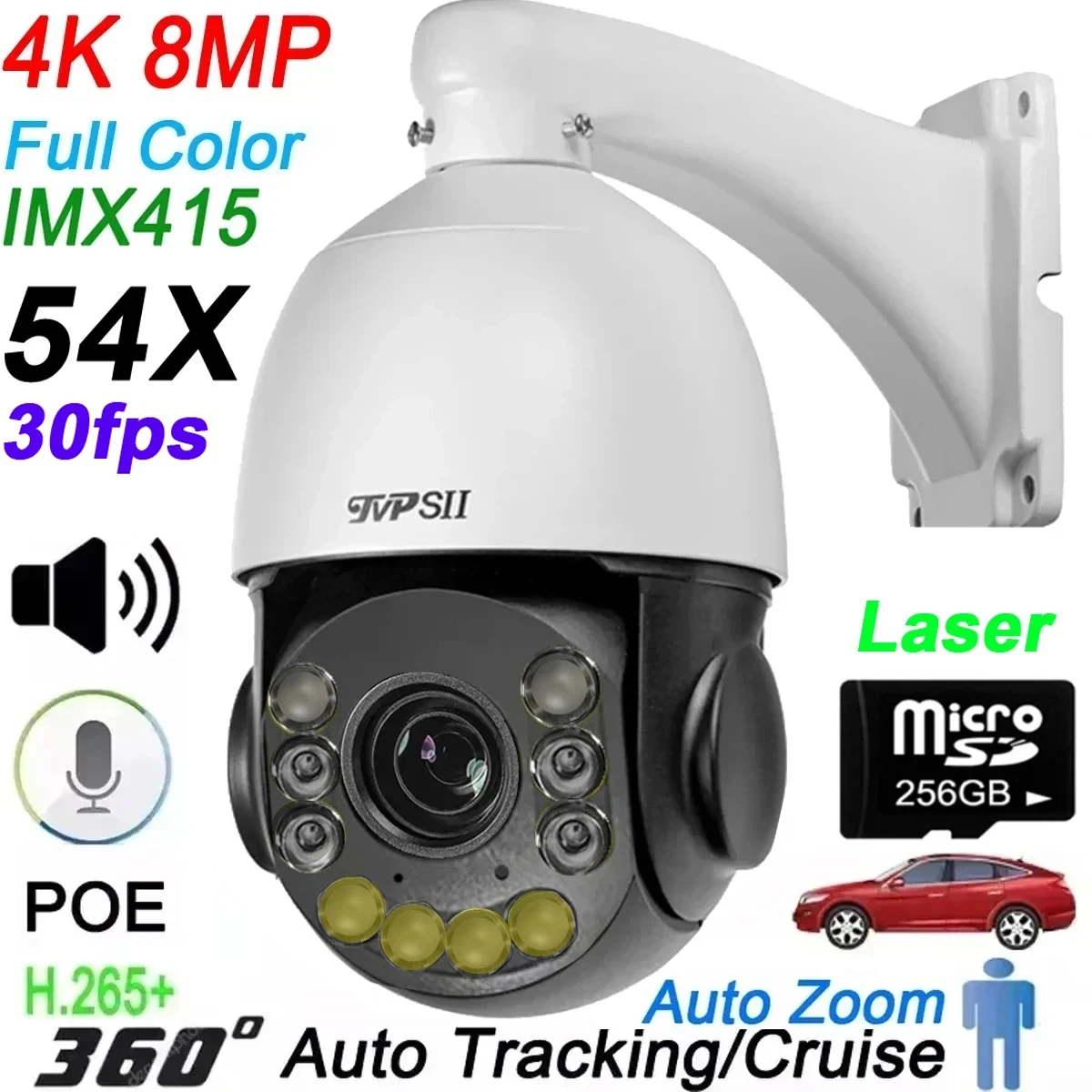 Full Color Auto Tracking Vehicle Human 30fps 8MP 4K IMX415 H.265+ 54X Zoom 360° Audio Outdoor ONVIF POE PTZ Speed Dome IP Camera