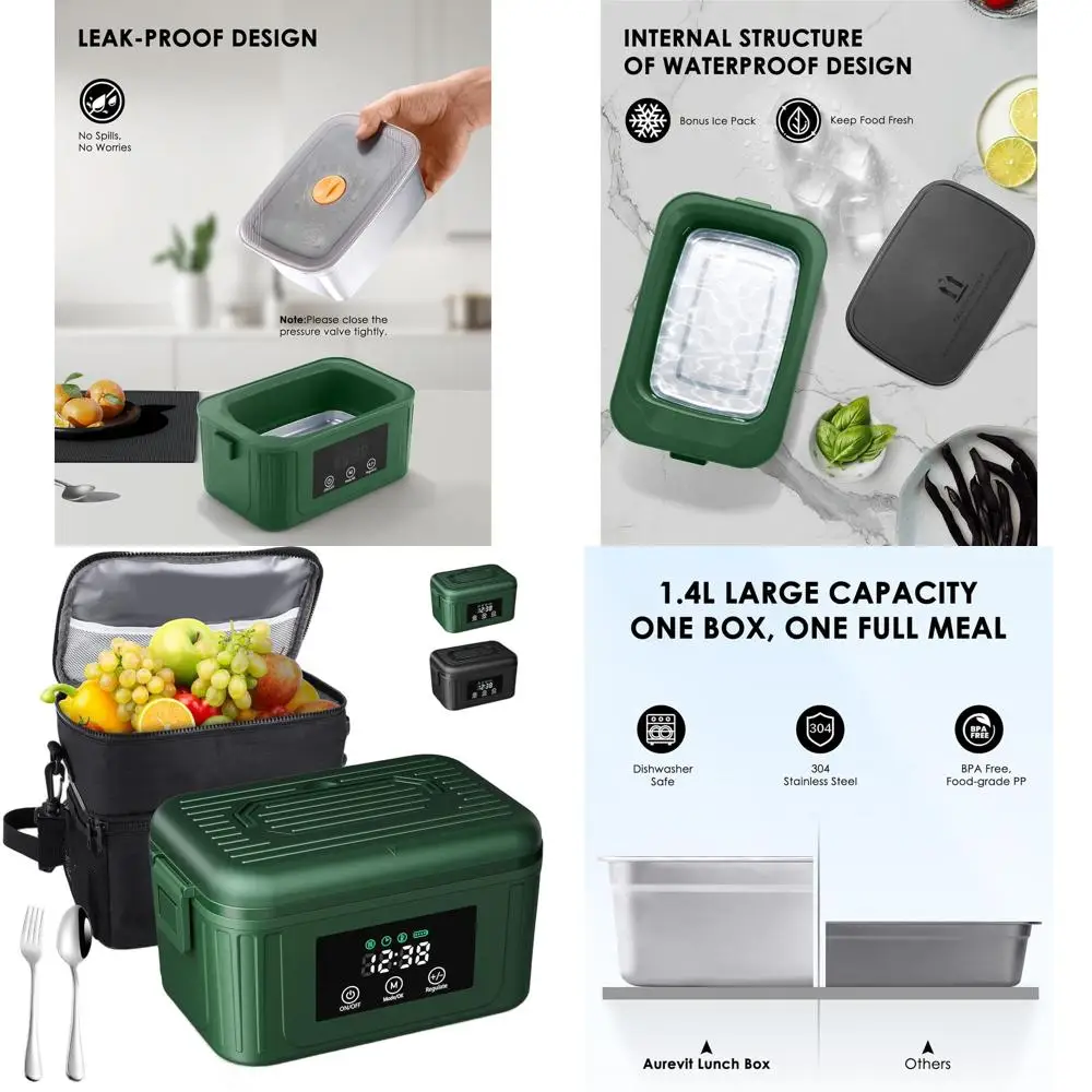 

1.4L Electric Lunch Box for Adults with Smart Meal Scheduling, Auto Warming, and Insulated Bag for Car Use