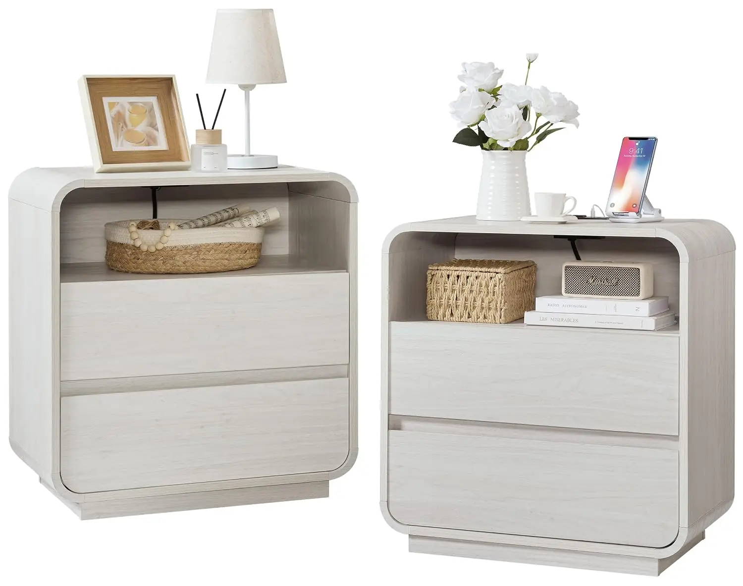 White Nightstand Set of 2 with Charging Station, 23.2