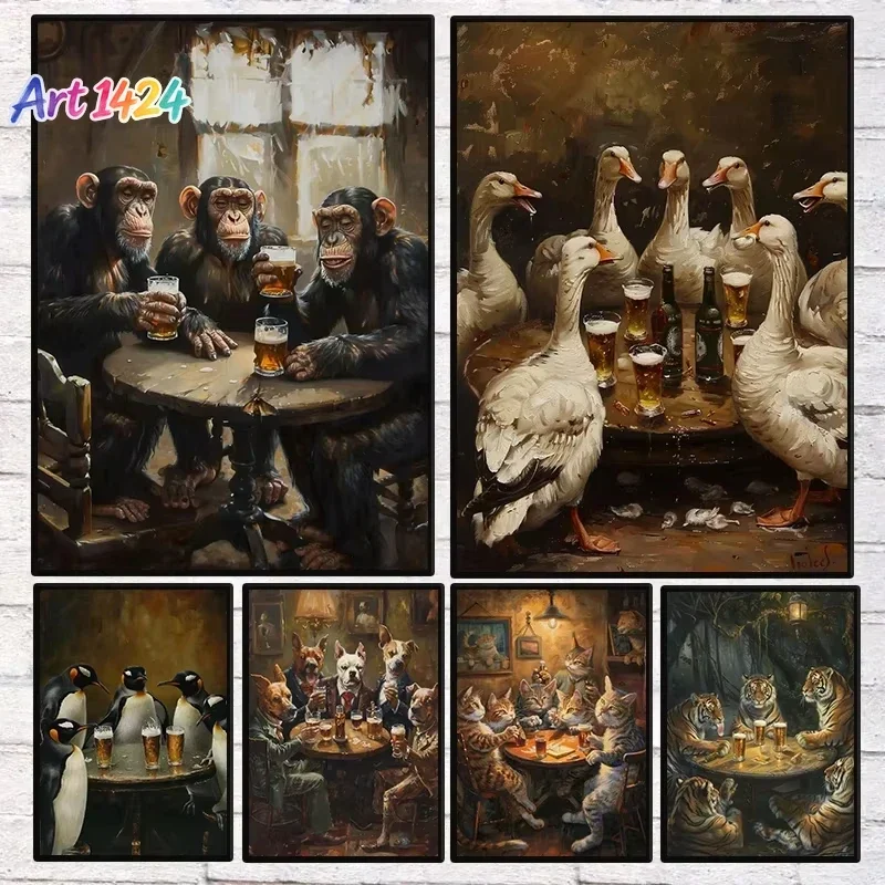 1pc frameless canvas Animals Drinking Beer in A Tavern Poster Retro Monkey Dog Cat Penguin Party  Wall Art for Living Room Ho