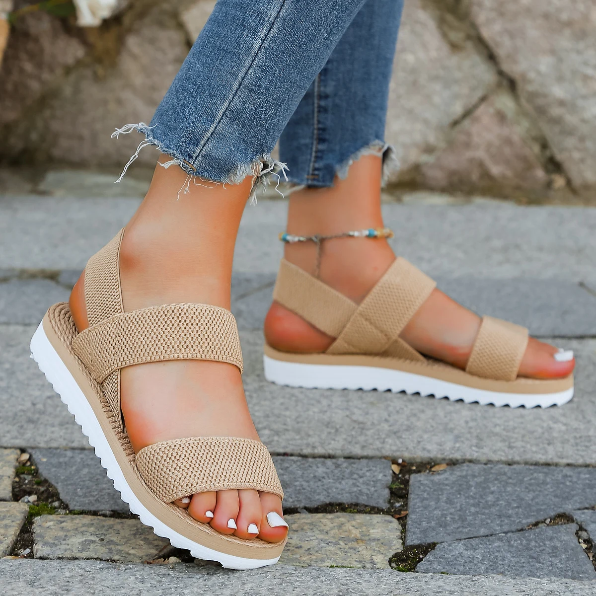 Women's fashion trend, anti slip, wear-resistant, comfortable color blocking soft sole, solid elastic band, indoor and outdoor f