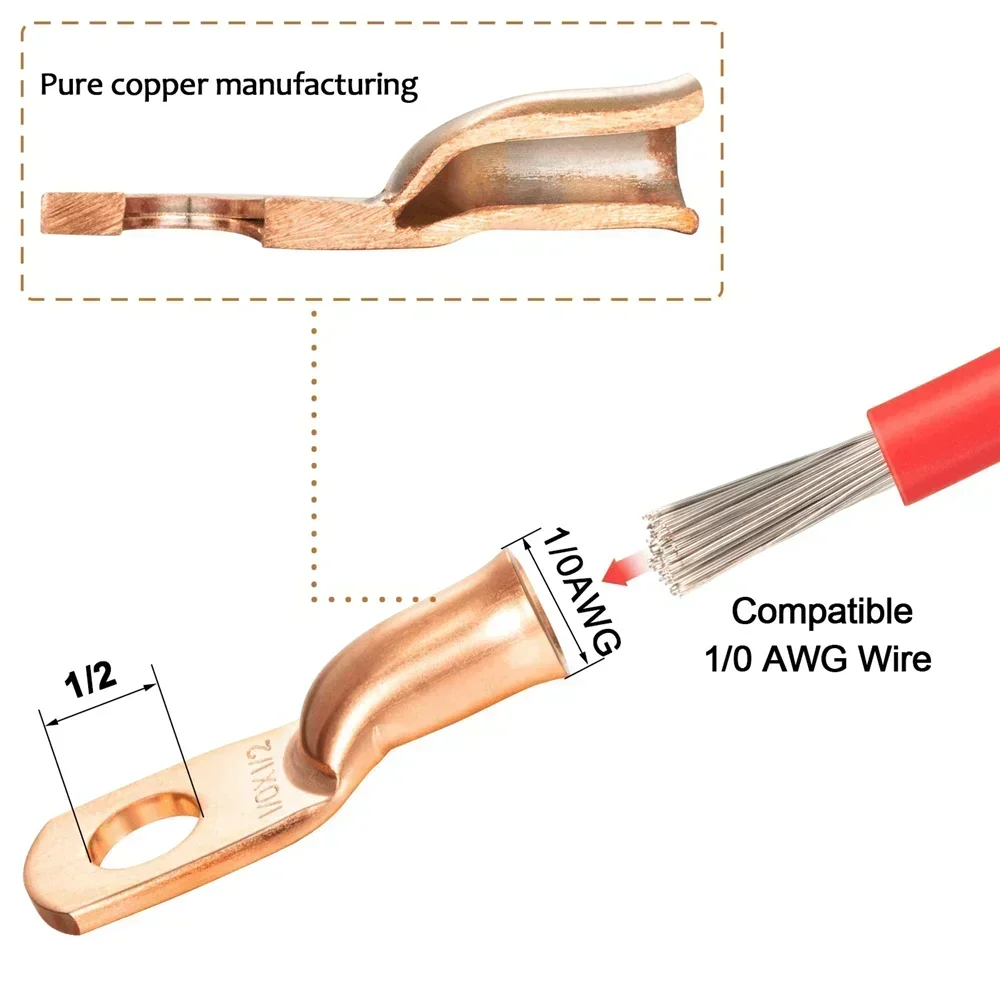 25/10Pcs 1/0 AWG Gauge Bare Copper Cable Wire Lugs Ring Crimp Terminal 3/8" 5/16" 1/4" 1/2" Wire Connectors Assortment Kit view 6