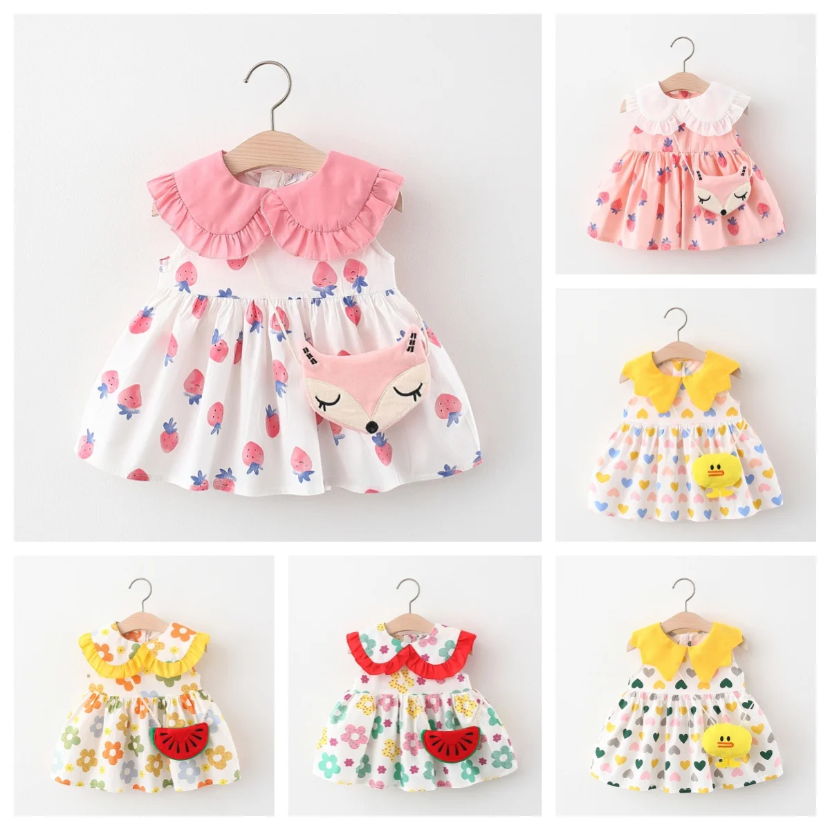 Summer girls dress bag two-piece set baby girl full of cartoon print doll neck small flying sleeve dress