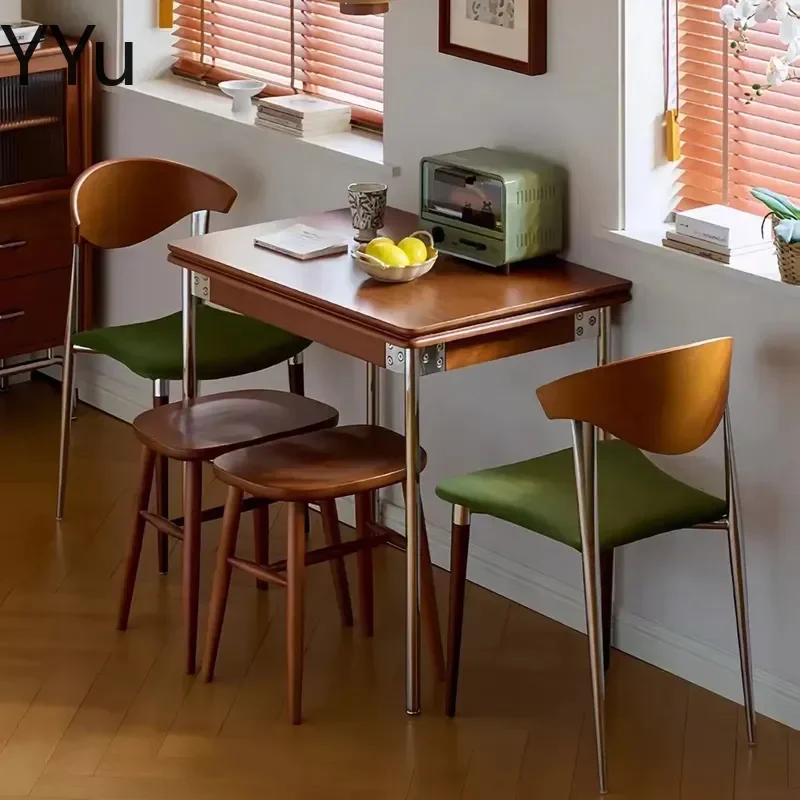for Bauhaus Medium Retro Solid Wood Dining Table Stainless Steel Rectangular Folding Table for Small Apartment Light Luxury