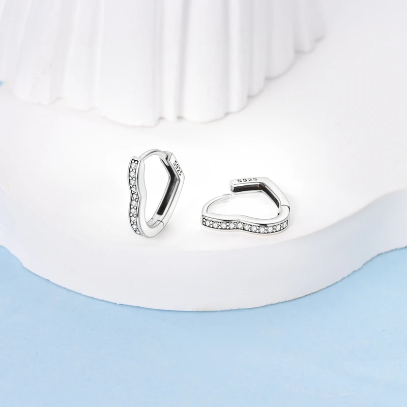 

925 Sterling Silver Earrings Women Sparking Heart Hoop Earring For Anniversary Wedding Jewelry Gifts