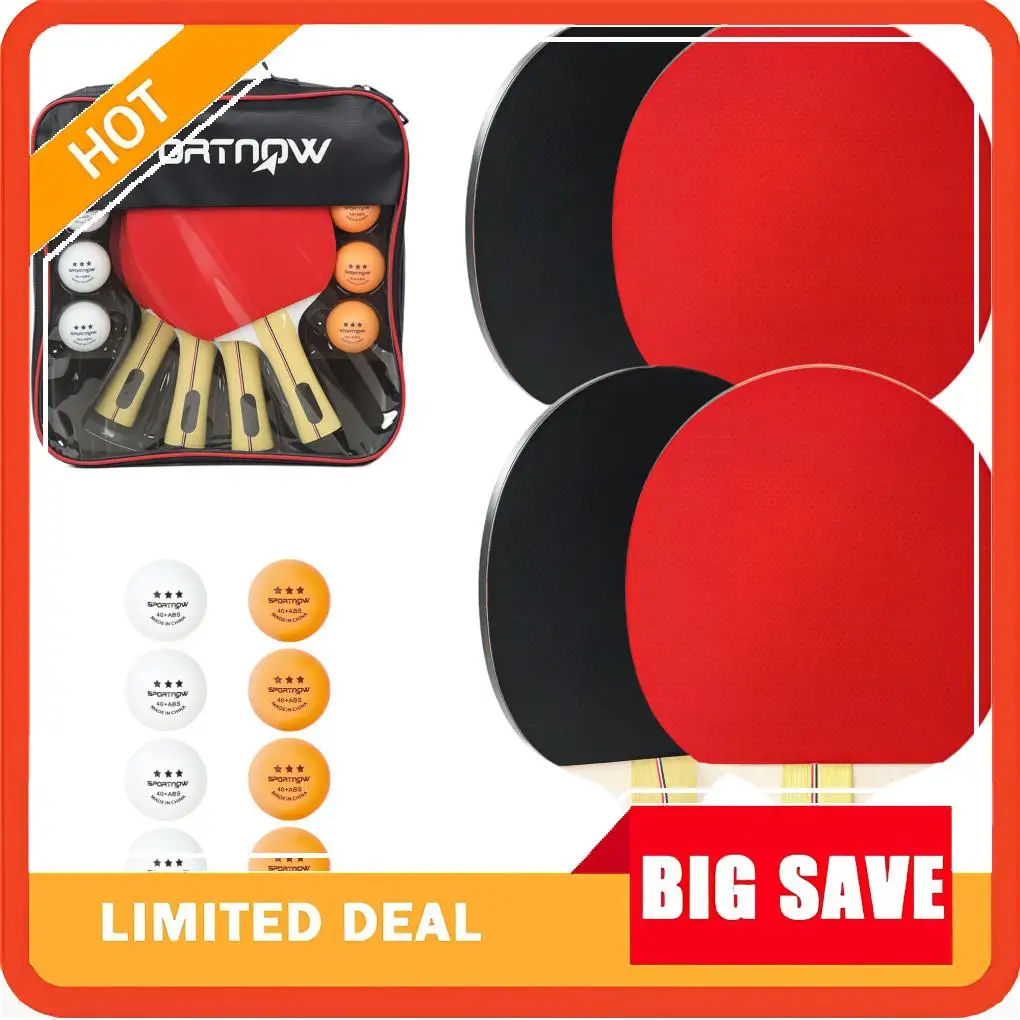 

Набор для настольного тенниса: 4 ракетки, 8 мячей и сумка для переноски. Для использования внутри и вне помещений.