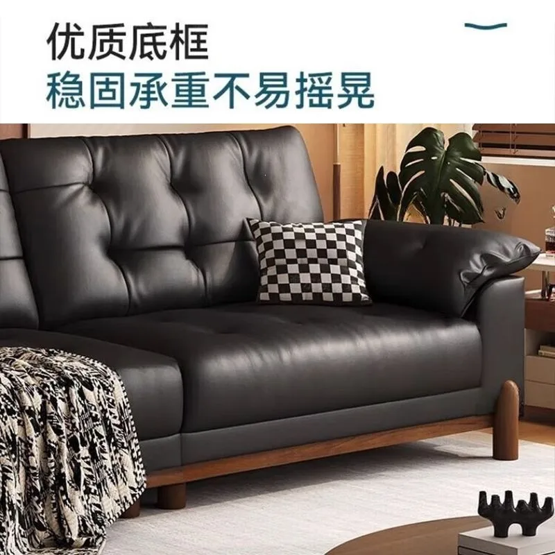 Medieval leather sofa living room simple small apartment black first layer cowhide cloud retro style straight row three people