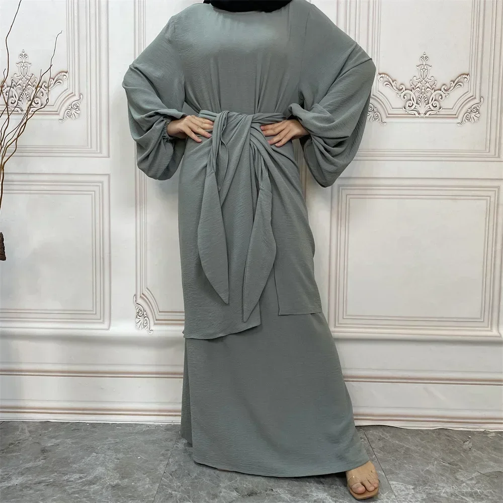 Eid มุสลิมชุด 2 ชิ้น Robe Party Abayas Ramadano-คอ Kaftan Caftan Jalabiya ชุดยาวผู้หญิงแขนค้างคาว Caftan Abaya