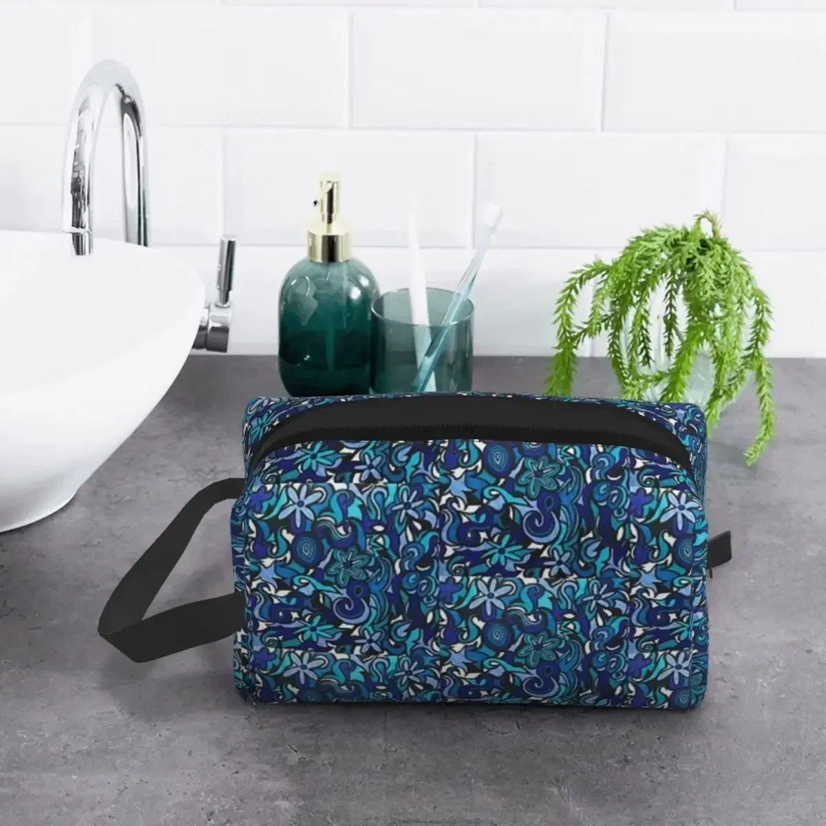 

Цветочный синий полиэстер, мужская деловая портативная сумка для хранения, женская дорожная косметичка, подвесная сумка для мытья