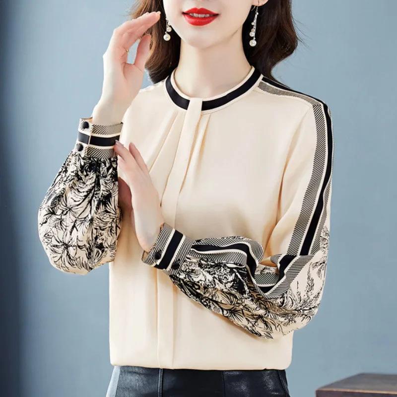 Stylish Stand Collar Spliced Printed Folds Chiffon Blouse Women\'s Clothing 2023 Spring New Casual Pullovers Loose Commute Shirt