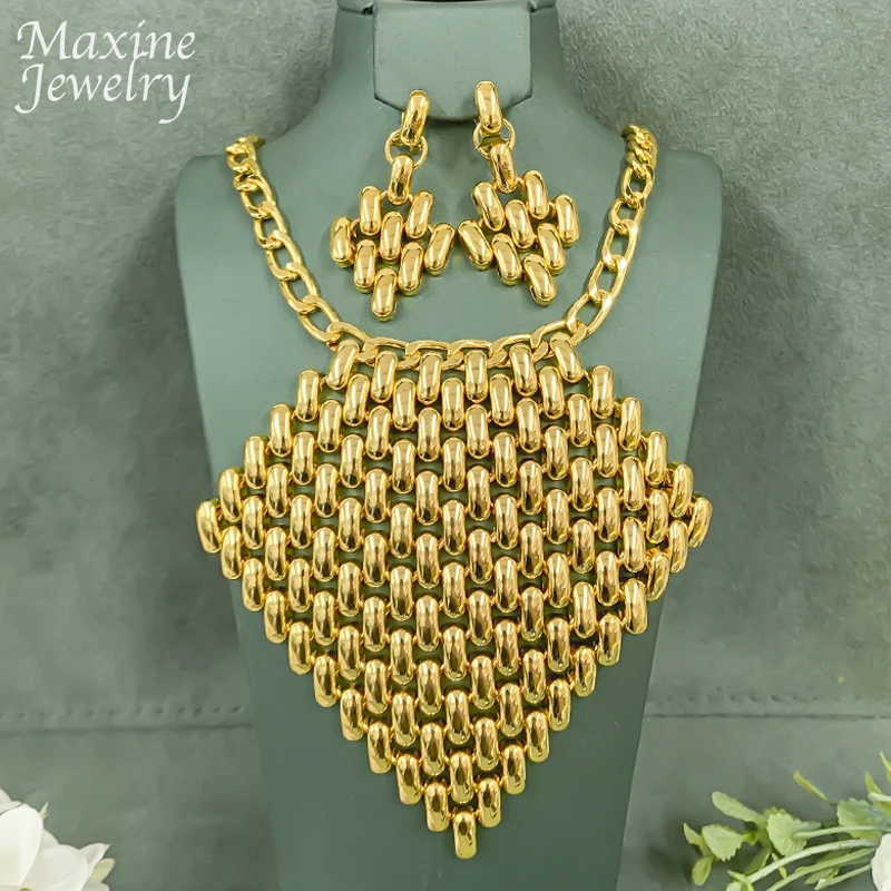 Exaggerated Chunky Luxury Original 18K Gold Plated Jewelry Set Necklace Drop Earrings for Women Party Bridal Wedding Gifts