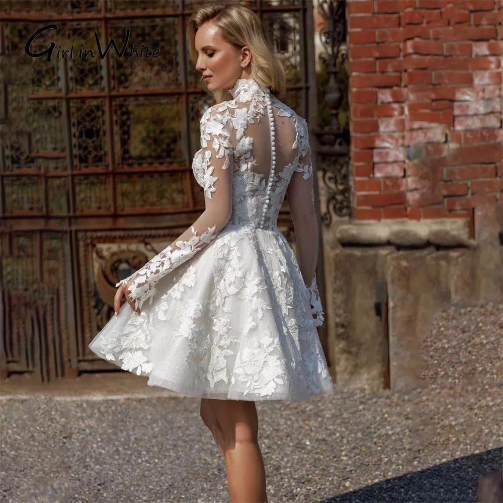 Abiti da sposa corti semplici con applicazioni in pizzo personalizzati Mini abito da sposa a maniche lunghe sopra abiti da sposa al ginocchio Dimensioni personalizzate