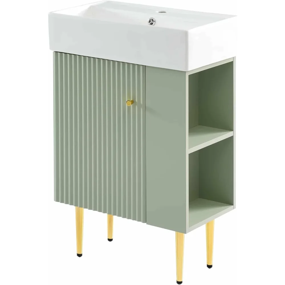 21.6 in Small Bathroom Vanity with Sink,Doors and Storage Shelves,Wood Modern Single Fluted Bathroom Sink Cabinet Freestanding (