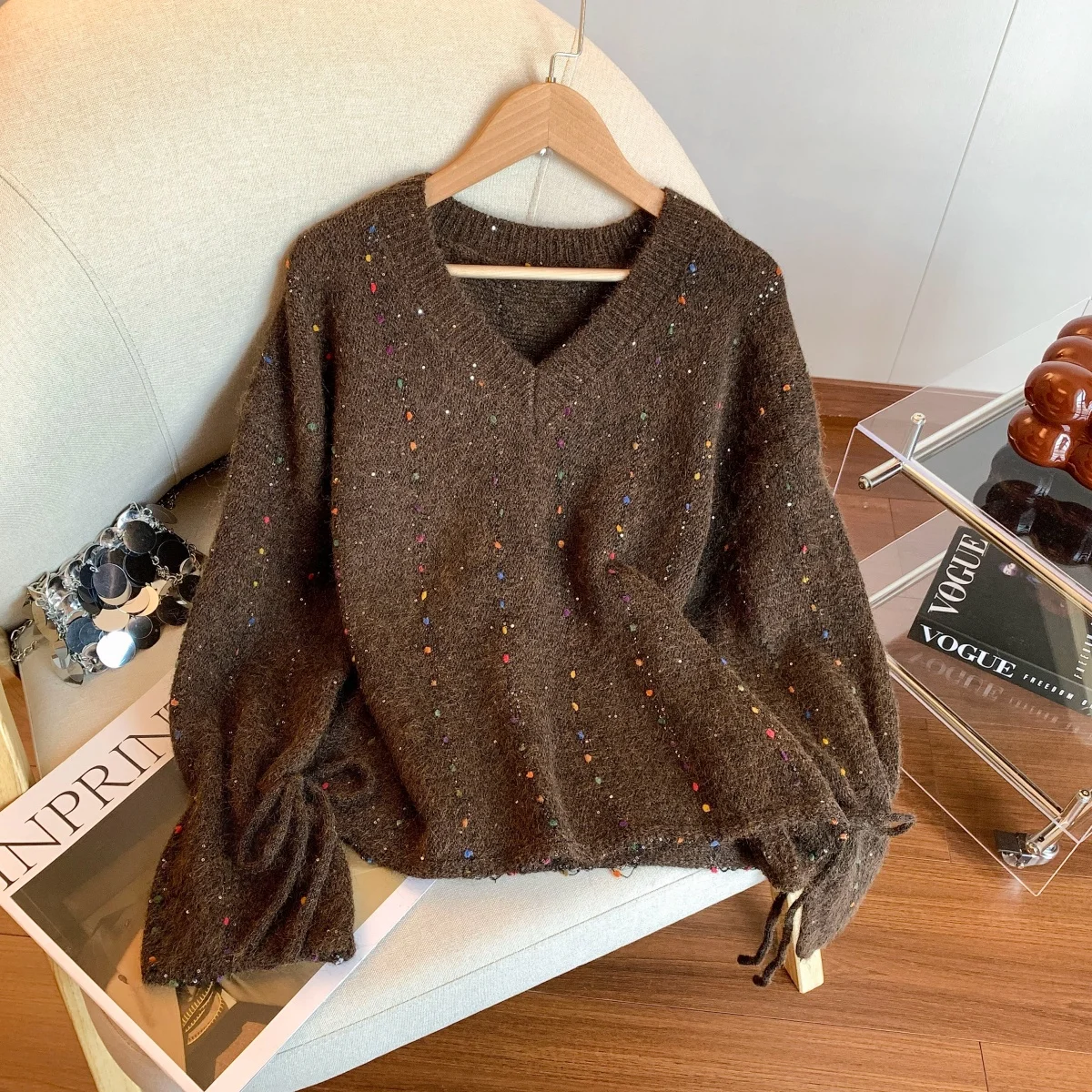 

Осенний новый свободный мягкий свитер с v-образным вырезом, женский корейский ретро красочный дизайн, вязаные топы с длинными рукавами, модные повседневные пуловеры на шнуровке