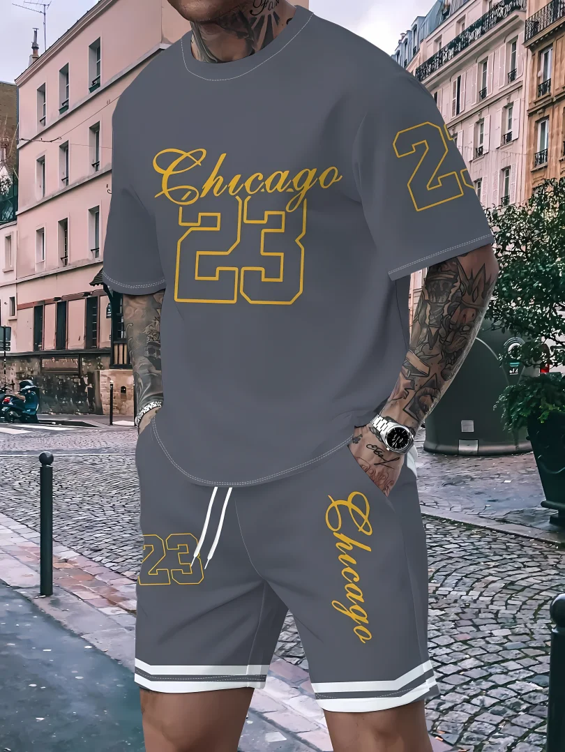 

Men's Summer Sports T-shirt Set, Short, Breathable, Quick-drying, Casual, Fashionable, Loose, Round-neck Capri Pants Set