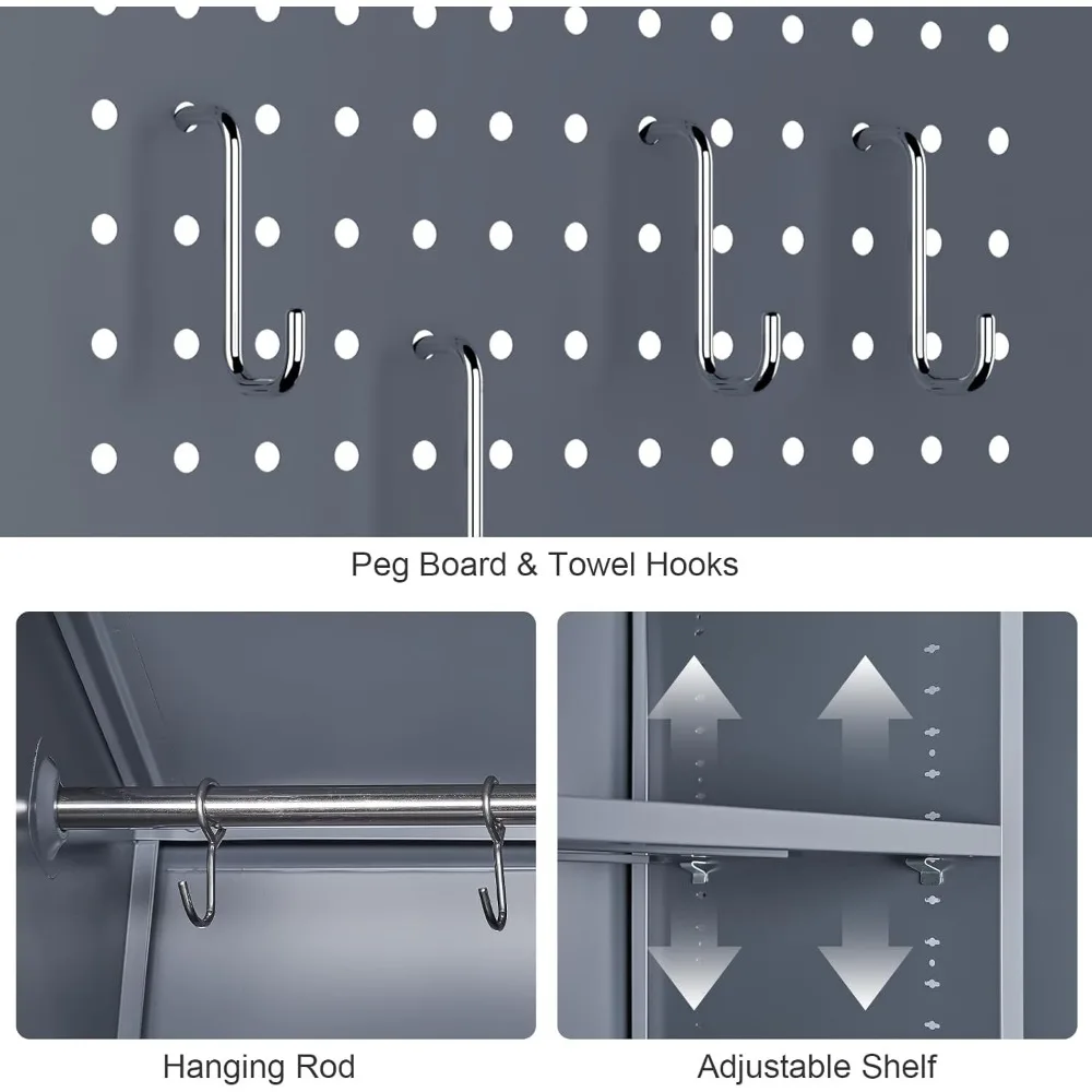 Tall Metal Cleaning Tool Storage Cabinet with Pegboard and Hanging Rod for Broom Closet Organization