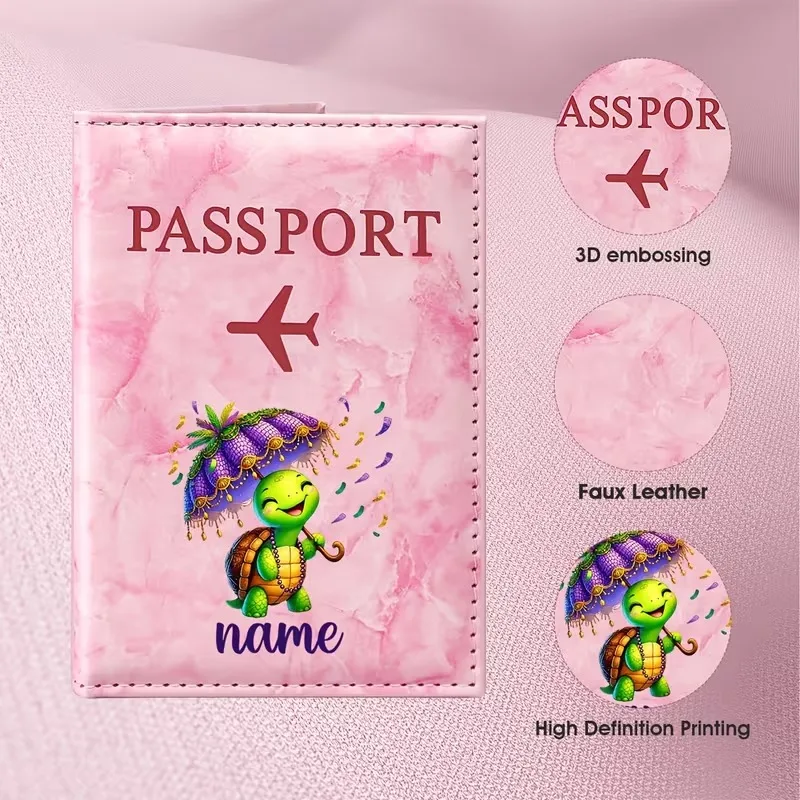 Custom Personalized Name Custom Playful Turtle Umbrella Illustration Design PU Passport Holder, Featuring a Green Turtle Holding